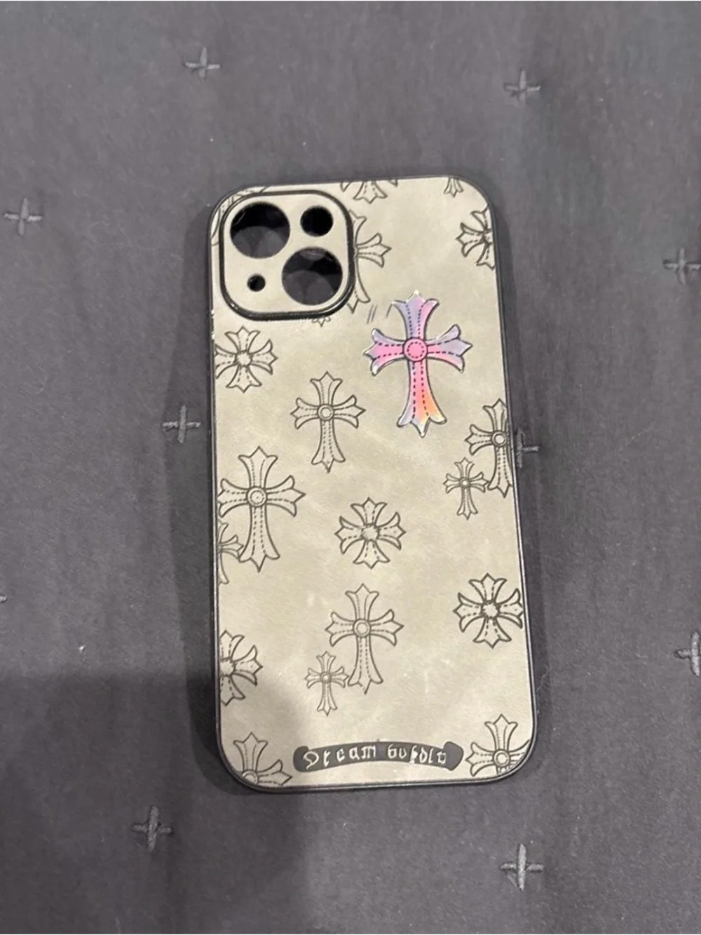Cross Pattern Grey Phone Case with Pink Accent